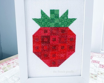 Quilted Strawberry Crossstitch Pattern Instant Download PDF Cross Stitch Spring Strawberries blossom