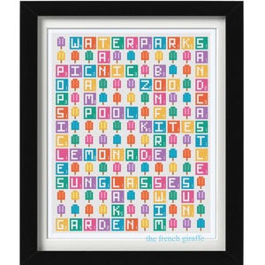 May include: A colorful cross-stitch pattern featuring the words "WATERPARKS", "PICNIC", "ZOO", "POOL", "KITES", "LEMONADE", "SUNGLASSES", "GARDEN", and "FUN" in a grid of popsicle-shaped icons.