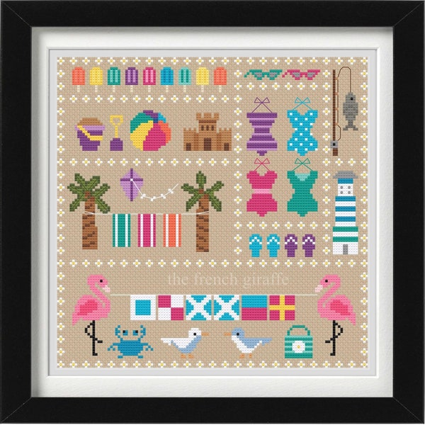 Summer Sampler Beach Palm Trees Flamingos  Crossstitch Pattern Instant Download PDF