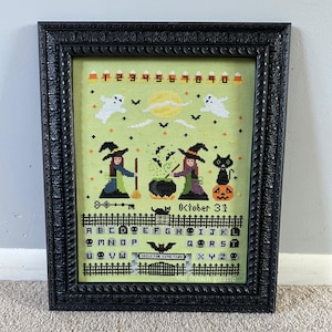 Skeleton Cemetery Halloween Sampler Cross Stitch Pattern Instant Download PDF Crossstitch Ghost, Witches, Black Cat, Tombstones, Candy Corn