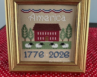 Kruissteekpatroon Saltbox House: patriottische schapen, 250e verjaardag (pdf-download: 5 x 5 inch)