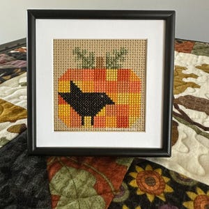 May include: Framed cross-stitch art featuring a pumpkin and a black bird. The pumpkin is orange and yellow, with green leaves. The bird is black. The artwork is in a black frame with a white mat.
