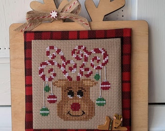 4x4 Candy Cane Reindeer, Cross Stitch Instant Download PDF Christmas Crossstitch ornaments tier tray