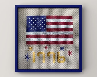 4x4 Cross Stitch 1776 American Flag Fireworks Crossstitch 4th of July Patriotic Pattern Instant Download PDF
