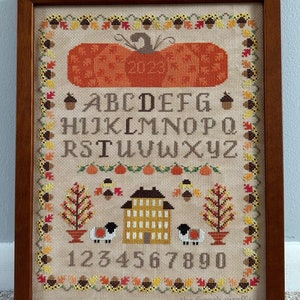 Autumn Sampler Cross Stitch Instant Download Crossstitch Pumpkins Acorns Saltbox Sheep