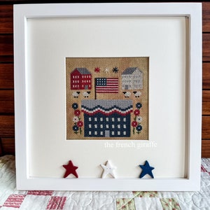 5x5 Rural America Saltbox Prim House Crossstitch Pattern Instant Download PDF Cross Stitch Flag Fireworks Sheep Patriotic