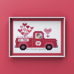 Be Mine Valentine Pink Truck February Crossstitch Pattern Instant Download PDF Cross Stitch