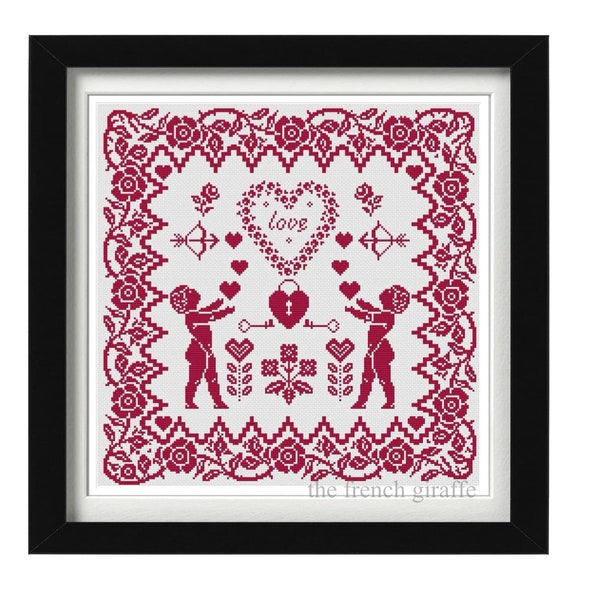 Cupid Love Sampler Valentine Floral Crossstitch Pattern Instant Download PDF Roses Redwork Cross Stitch