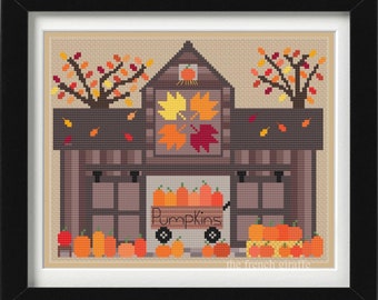 Pumpkin Harvest Barn Crossstitch Autumn Fall Halloween Cross Stitch Pattern Thanksgiving Instant Download PDF