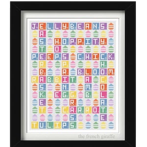 May include: A cross-stitch pattern featuring a variety of Easter-themed words, such as "Jellybeans", "Peeps", "Chick", and "Carrot", arranged in a grid of colorful Easter eggs.