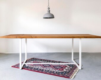 Dining table made of reclaimed oak Loren/Nadine 150 x 90 cm white with clip-on plates
