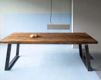 Dining table made of reclaimed lumber and iron Lidet/Loren 220 x 100 cm black with clip-on plates