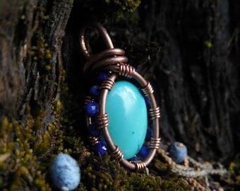 Turquoise and Lapis Lazuli in Copper Mini Pendant | Gemstones | Jewelry | Wire Wrap | Metaphysical | Minimalist | Necklace | Robin Egg Nest
