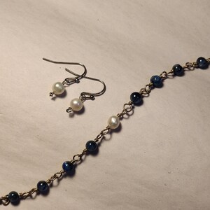 Kyanite and Pearl Bracelet and Earrings Set Wrapped in Sterling Silver