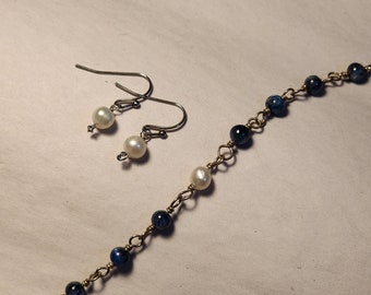 Kyanite and Pearl Bracelet and Earrings Set Wrapped in Sterling Silver