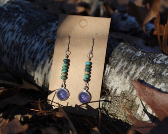 Turquoise and Tanzanite Earrings in Sterling Silver  | Meraki | Birthstone | Made with Love | Wire Wrapped | Gifts For Her | November