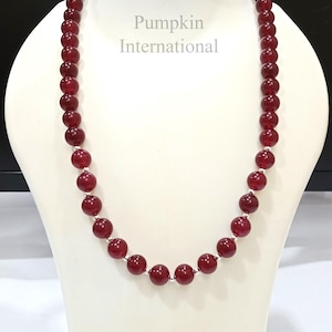 Red Quartz Round Bead Necklace: Silver Plated Chain, Handmade Jewelry