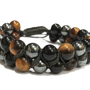 Triple Protection Bracelet - Natural Obsidian Tiger&#39;s Eye Stone Bracelet - Hematite Gemstone Braided Bracelet - Gift to Him Gift for Her