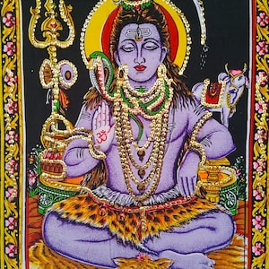 Lord Shiva Vibrant colours Pure Cotton Painting Handmade Wall Tapestry,Chakra-Energized Spiritual Decor Wall Hanging, Sequence Work Tapestry