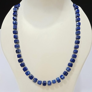 Natural Lapis Lazuli Gemstone Cube Beads Necklace; 8 mm Beads