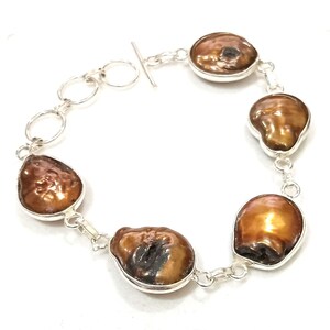 Natürliches Keshi Perlenarmband: Sterlingsilber überzogener Boho Schmuck