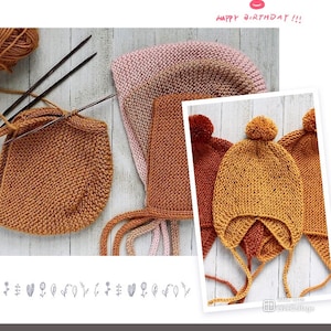 May include: Hand-knitted baby hats in shades of brown, pink, and yellow. The image shows a close-up of the hats, with one hat having a pom-pom on top. The hats are made of soft yarn and have ear flaps and ties. The text "HAPPY BIRTHDAY!!!" is visible.