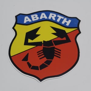 Abarth shield die cutter sticker badge shaped Approx 4 inches by 3.5 inches. Outdoor Quality