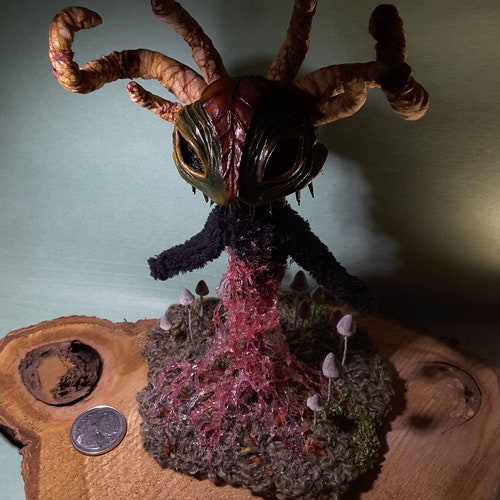 Horned Forest Protector Spirit wearing mask, with Red mycelium, mushrooms & mossy base. Poseable, shops plush art doll sculpture, fantasy creature