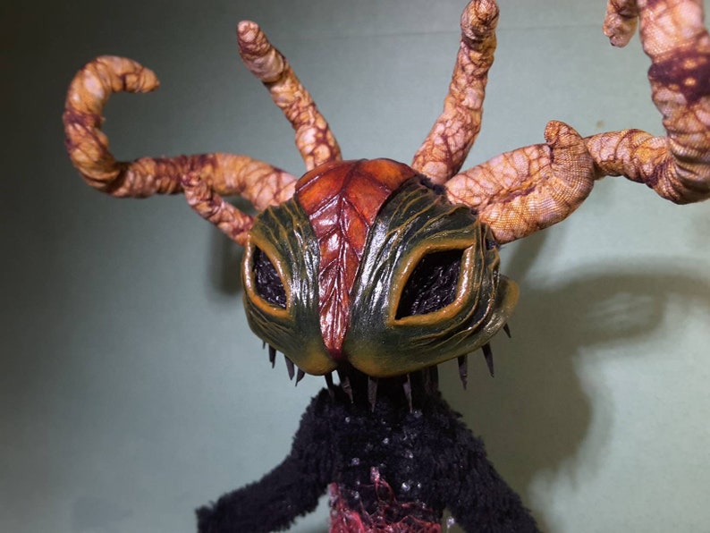 Horned Forest Protector Spirit wearing mask, with Red mycelium, mushrooms & mossy base. Poseable, shops plush art doll sculpture, fantasy creature