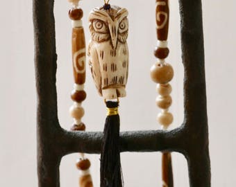 Owl Necklace, Natural Wood Bead, Hand Knotted Necklace, Boho Jewelry, Long Owl Pendant Necklace, Owl Gifts For Her, Bird Jewelry, Mom Gift