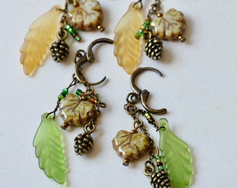 Maple Leaf Dangle Earrings, Long Cluster Earrings, Pinecone Earrings, Rustic Earring, Nature Jewelry, Boho Jewelry, Czech Glass Leaf Earring