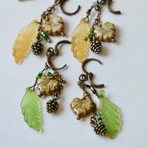 Maple Leaf Dangle Earrings, Long Cluster Earrings, Pinecone Earrings, Rustic Earring, Nature Jewelry, Boho Jewelry, Czech Glass Leaf Earring