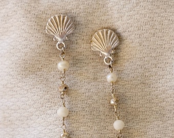 Silver Shell Earring, Dangle Drop, Pearl Rosary Chain, Sterling Silver Seashell Earring, Dainty Delicate, Boho Beach Wedding, Beach Jewelry