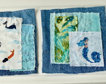 Handmade Boro Denim Patch: Mermaid Sea Life, Visible Mending