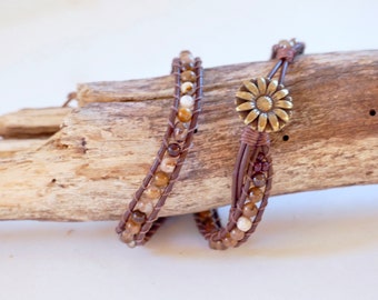 Brown Bead Leather Wrap Bracelet, Earthy Jewelry, Layering Boho Leather Jewelry, Gift For Her, Double Wrap Bracelet For Women, Boho Jewelry