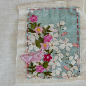 Handmade Boro Sashiko Patch: Japanese Linen, Visible Mending, Jeans Patch, Pink Butterfly