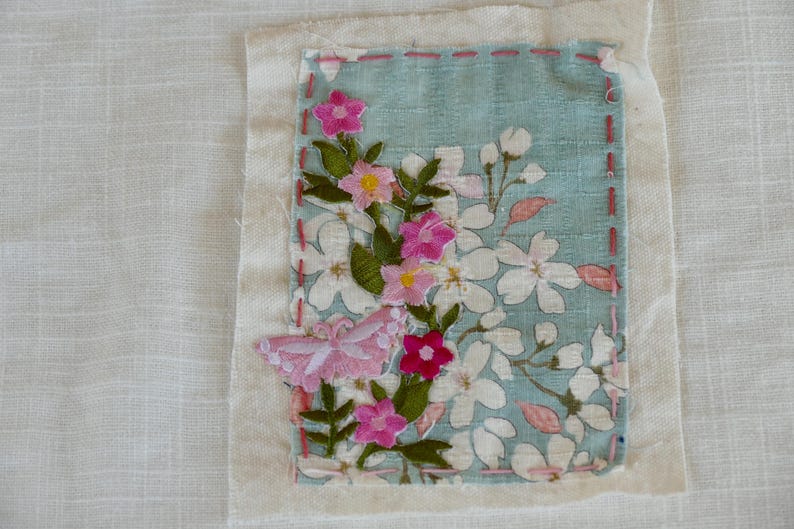 Handmade Boro Sashiko Patch: Japanese Linen, Visible Mending, Jeans Patch, Pink Butterfly