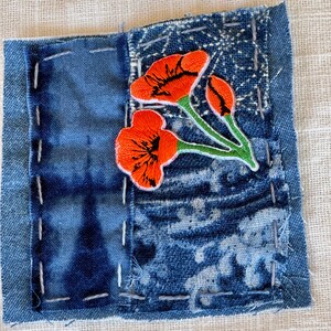 Handmade Boro Sashiko Patch: Japanese Linen, Visible Mending, Jeans Patch, Poppy Waves