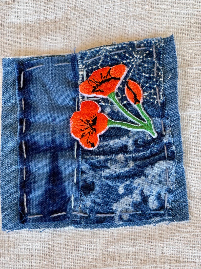 Handmade Boro Sashiko Patch: Japanese Linen, Visible Mending, Jeans Patch, Poppy Waves