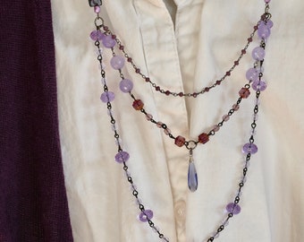 Long Purple Necklace Multi Strand, Purple Rosary Necklace, Sundance Style, Adjustable Layer Necklace, Unique Gift For Her, Boho Luxe