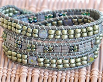 Beaded Wrap Bracelet For Women, Green Jewelry, Boho Bead Bracelet, Triple Leather Wrap, Stackable Layering, Modern Hippie, Chunky Jewelry