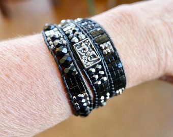 Black Wrap Bracelet For Women, Silver Black Beaded, Flower Jewelry, Black Leather Bohemian Jewelry, Multi Layer Cuff, Boho Gift For Her