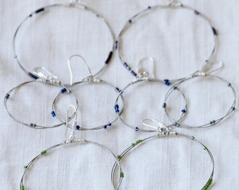 Guitar String Hoop Earrings: Recycled Beaded Dangle Hoops