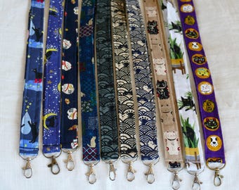 Japanese Cat Fabric Lanyard: Handmade Cotton ID Badge Holder