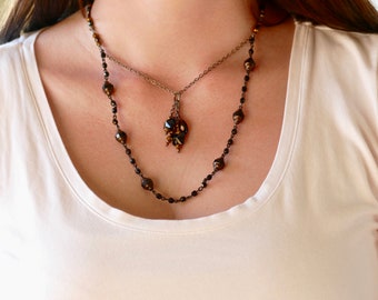 Rosary Style Necklace, Boho Black Beaded Multi Layered Necklace, Short Necklace, Sundance Style, Butterfly Pendant, Unique Handmade Gift Mom