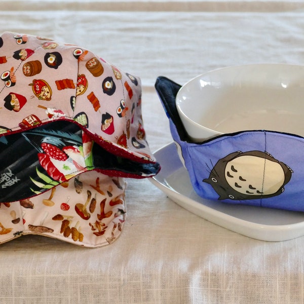 Bowl Cozy, Microwave Bowl Cozy, Anime Characters, Ice Cream Bowl Cozy, Hot Bowl Holder, Japanese Print, Unique Handmade Gift, Soup Bowl Cozy