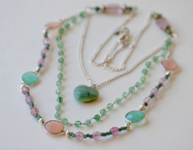 Boho Chic Jewelry Green Jewelry Long Gemstone Tiny Heart Necklace Pink Beaded Layering Necklace For Women Layered Necklace Set