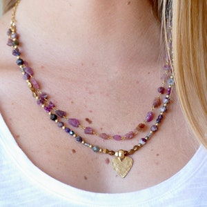 Handcrafted Tourmaline Necklace, Boho Gemstone Jewelry, Raw Gemstone Jewelry, Beaded Multi Strand Rosary Necklace, Unique Romantic Gift