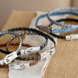 Braided Leather Bracelet: Thin Blue Boho Jewelry with Magnetic Buckle