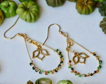 Tiny Bead Teardrop Earrings, Boho Dangle Earrings, Gold Botanical Earrings, Gypsy Fashion, Lotus Flower Gift, Unique Jewelry Gift For Her